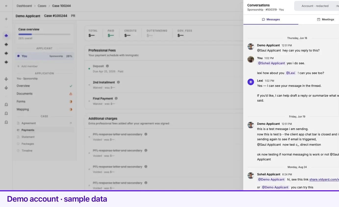 The conversation panel open on the Messages tab beside a case.