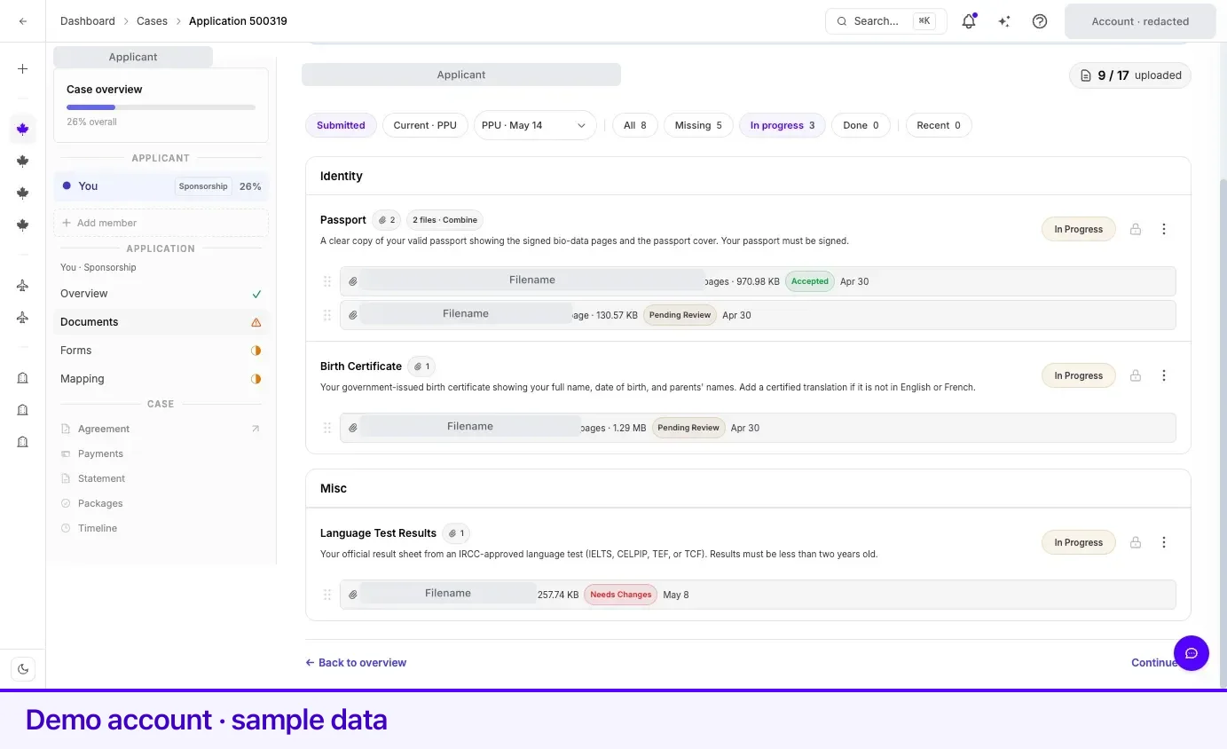 A requirement expanded to show its files, each with its own review status pill.