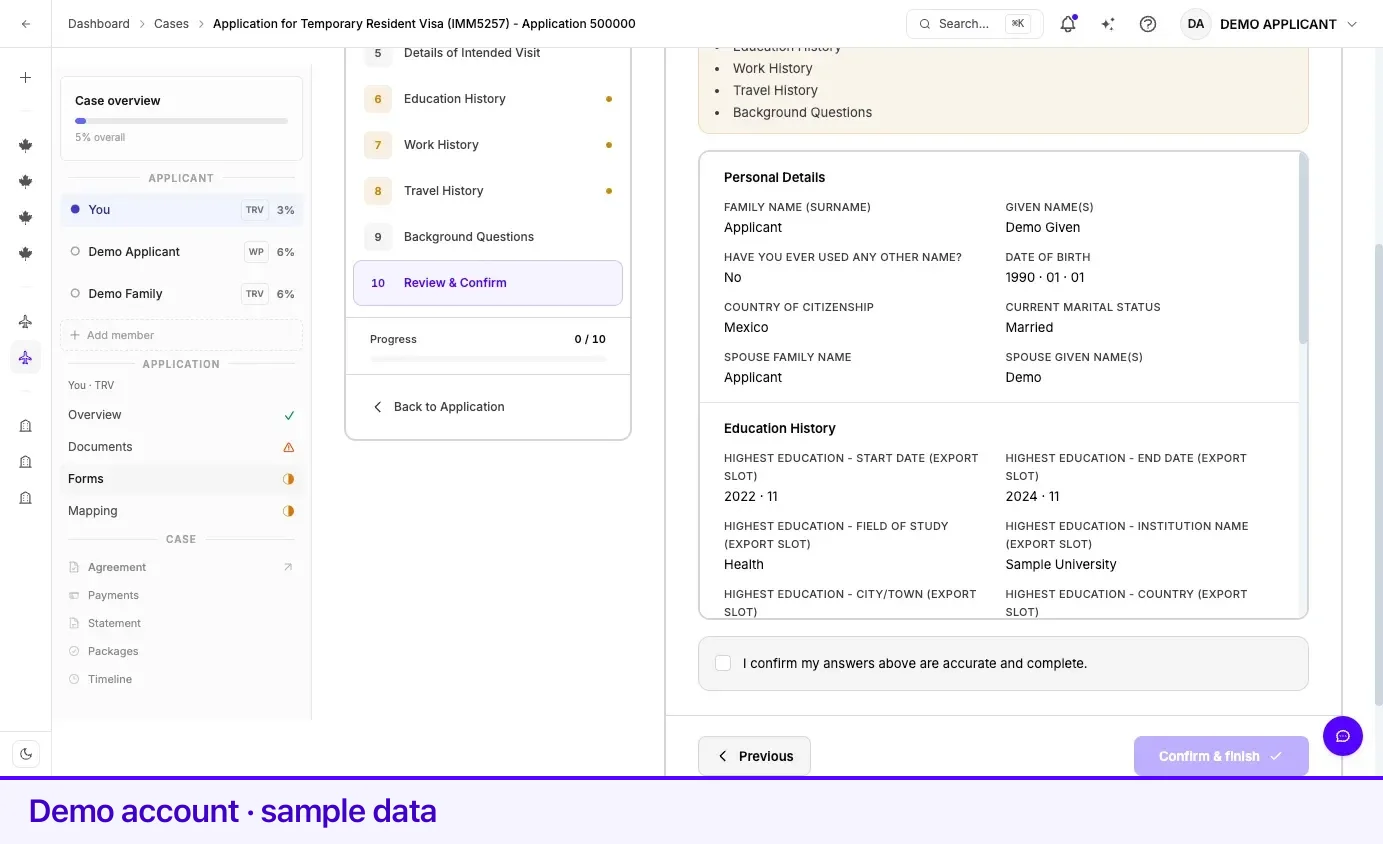 The Review & Confirm section of an IRCC form, showing the answer summary and the confirmation checkbox.