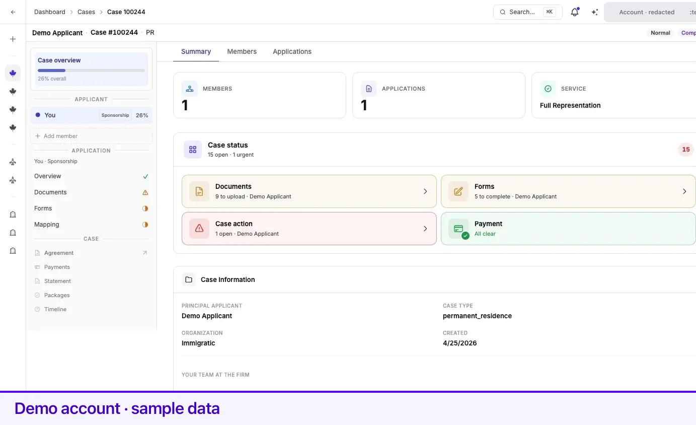 A case open on the Summary tab, showing the context bar, the case tree, and the case status panel.