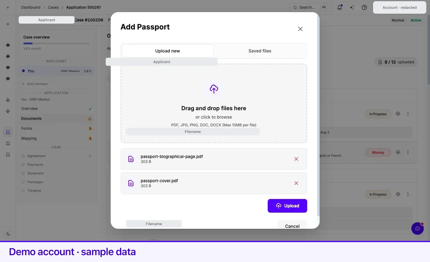 The add-document window on the Upload new tab, with two files staged and their sizes shown.