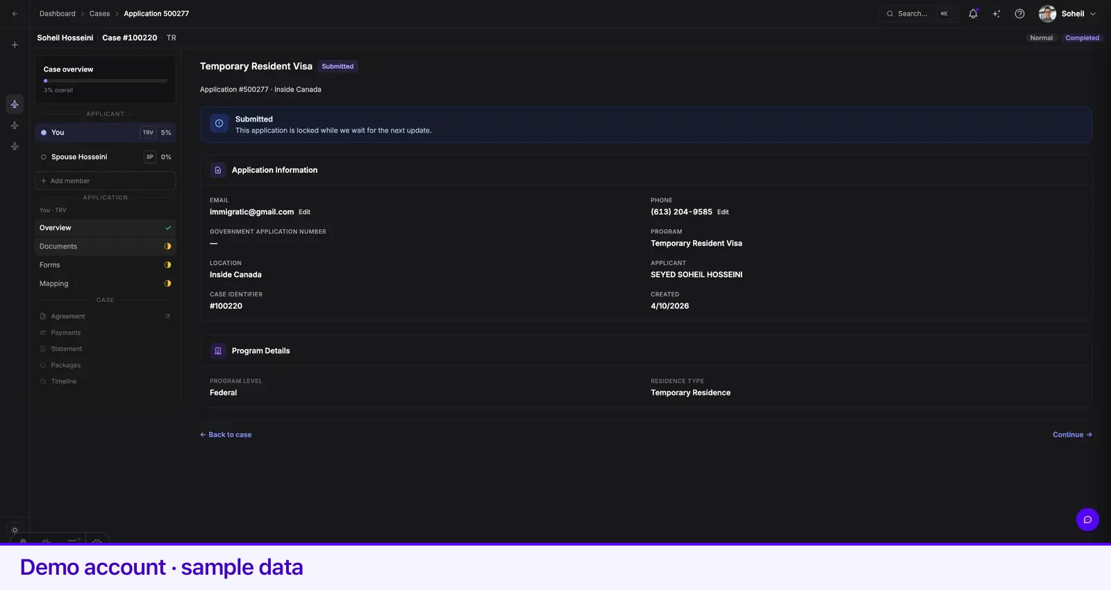 The Documents tab, showing each requirement tied to the case.