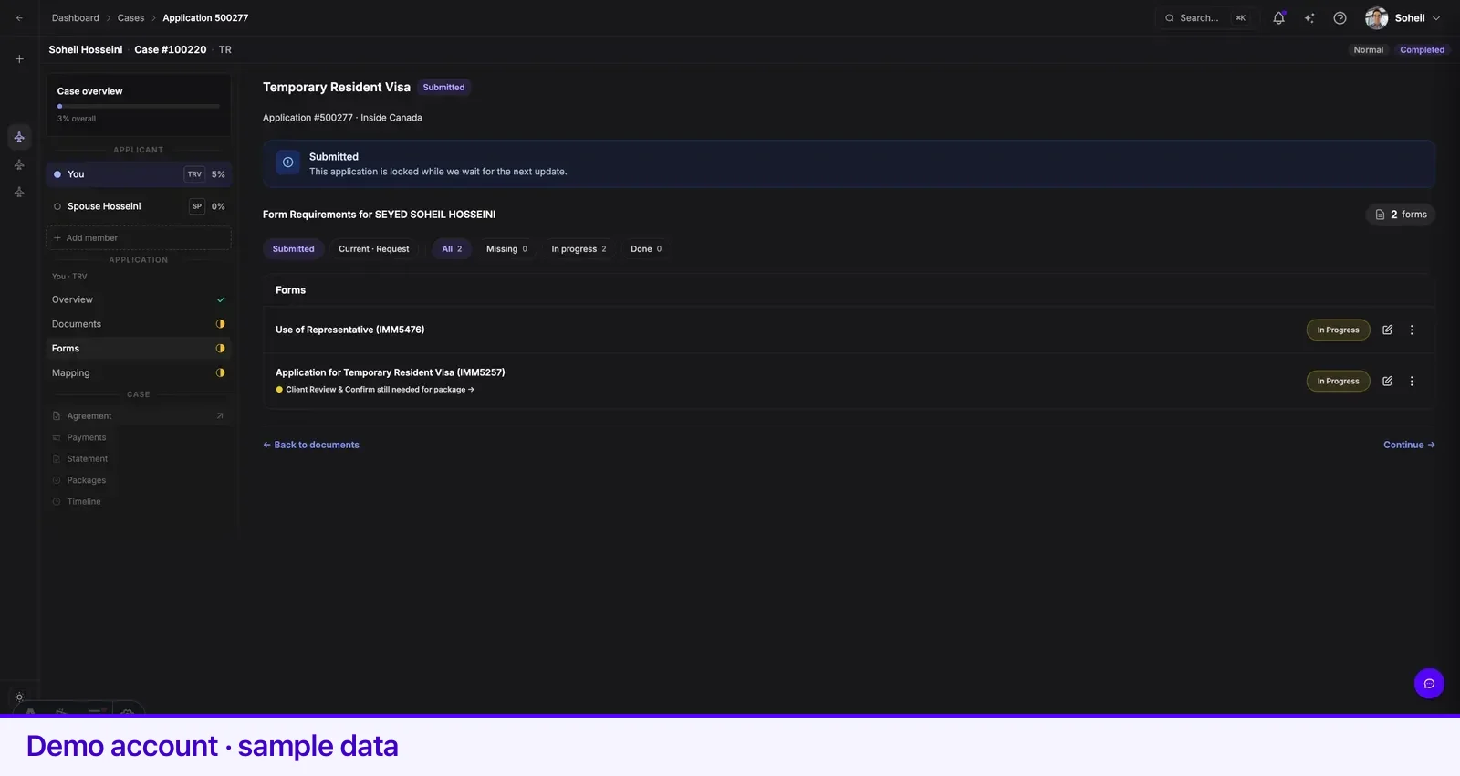 The Payments tab — amounts due, paid, and upcoming.