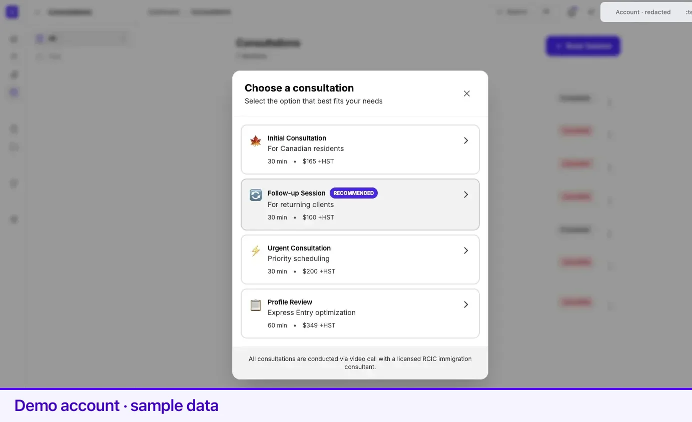 The Choose a consultation window, with the recommended option marked and a locked option below it.