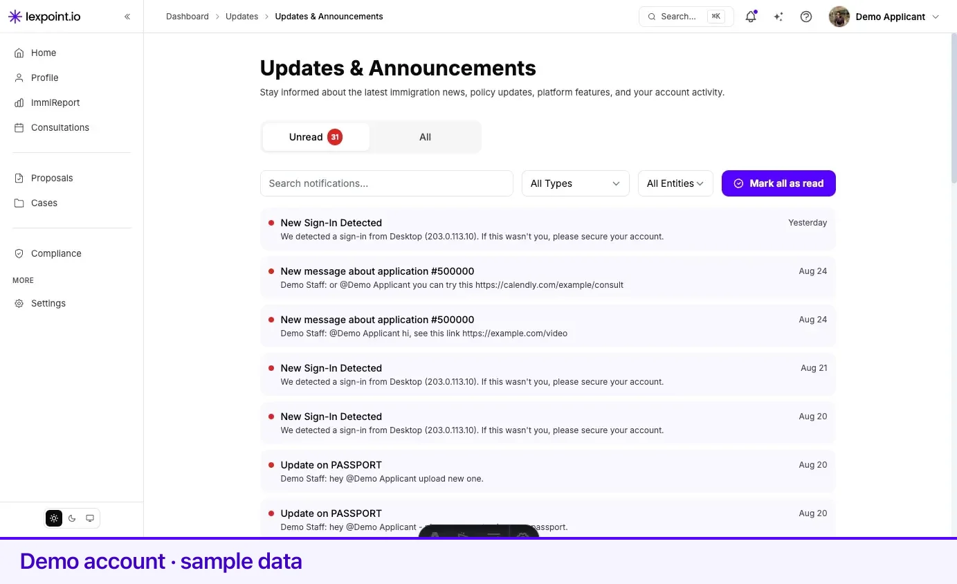 The Updates page with the Unread tab, filters, and the Mark all as read button.