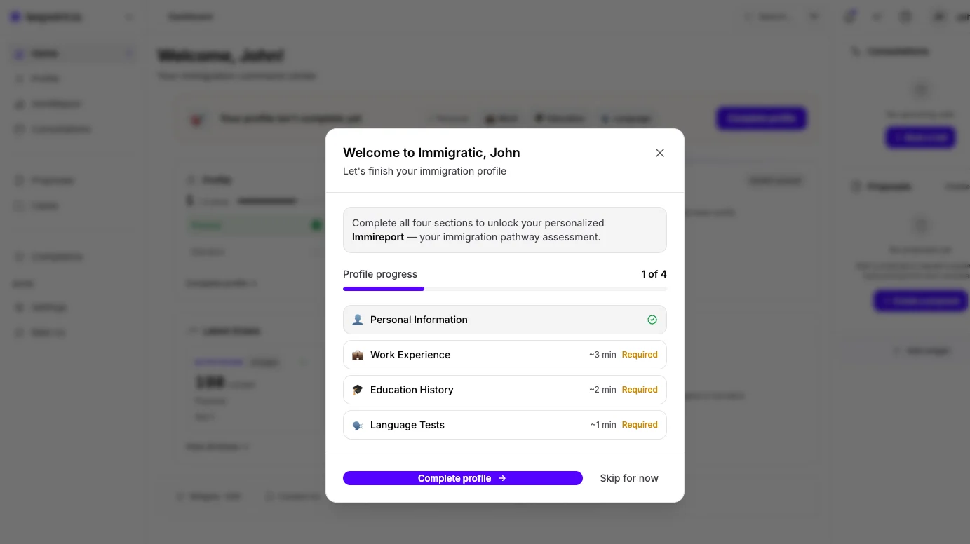 The first-visit welcome dialog, with Personal done and Work, Education, and Language still required.