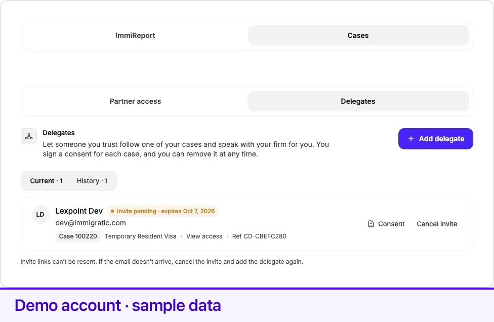A pending delegate on Current. Cancel invite if you need to send a new link.
