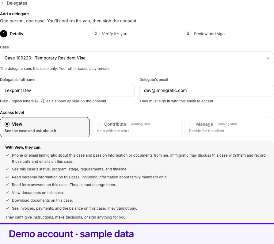 The details step, with one case, the delegate’s name and email, and View selected.