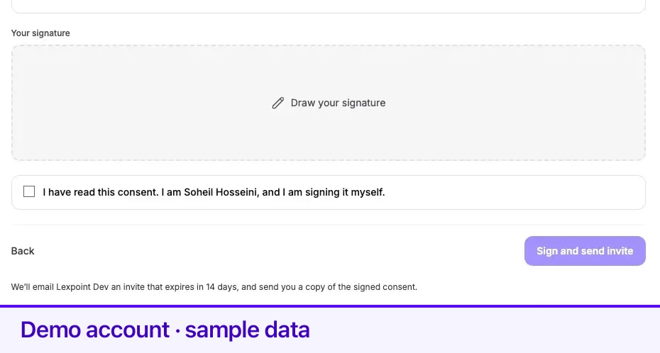 Sign the consent, confirm you are signing it yourself, then send the invite.