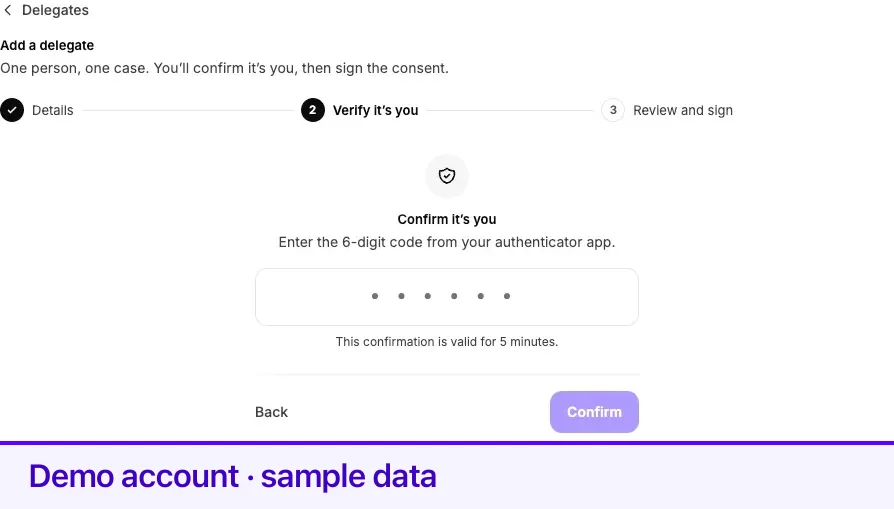 The authenticator step. The code is checked before the consent can be signed.