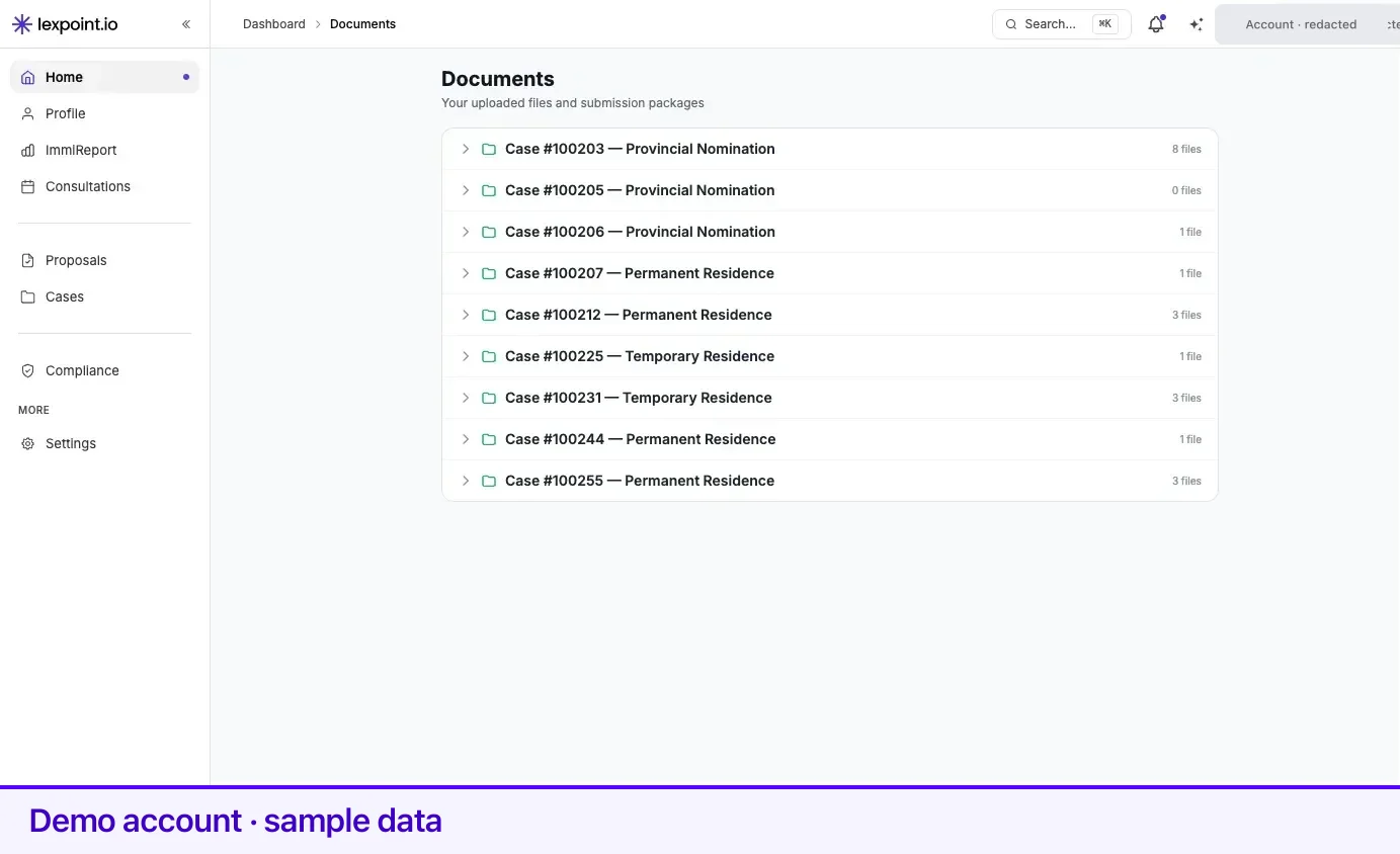 The Documents page with one case expanded, showing applicant folders and the files inside.