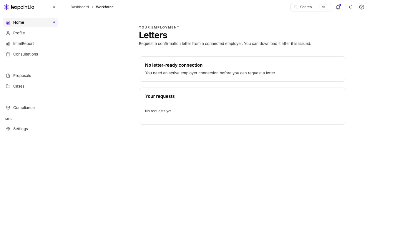 Employment → Letters. A letter request needs an active employer connection.