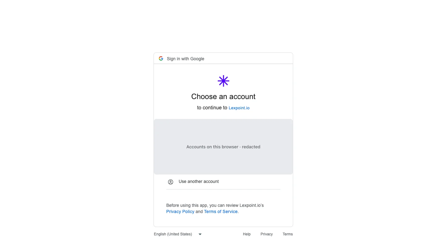 Google’s account picker, naming Lexpoint.io as the app you are continuing to.