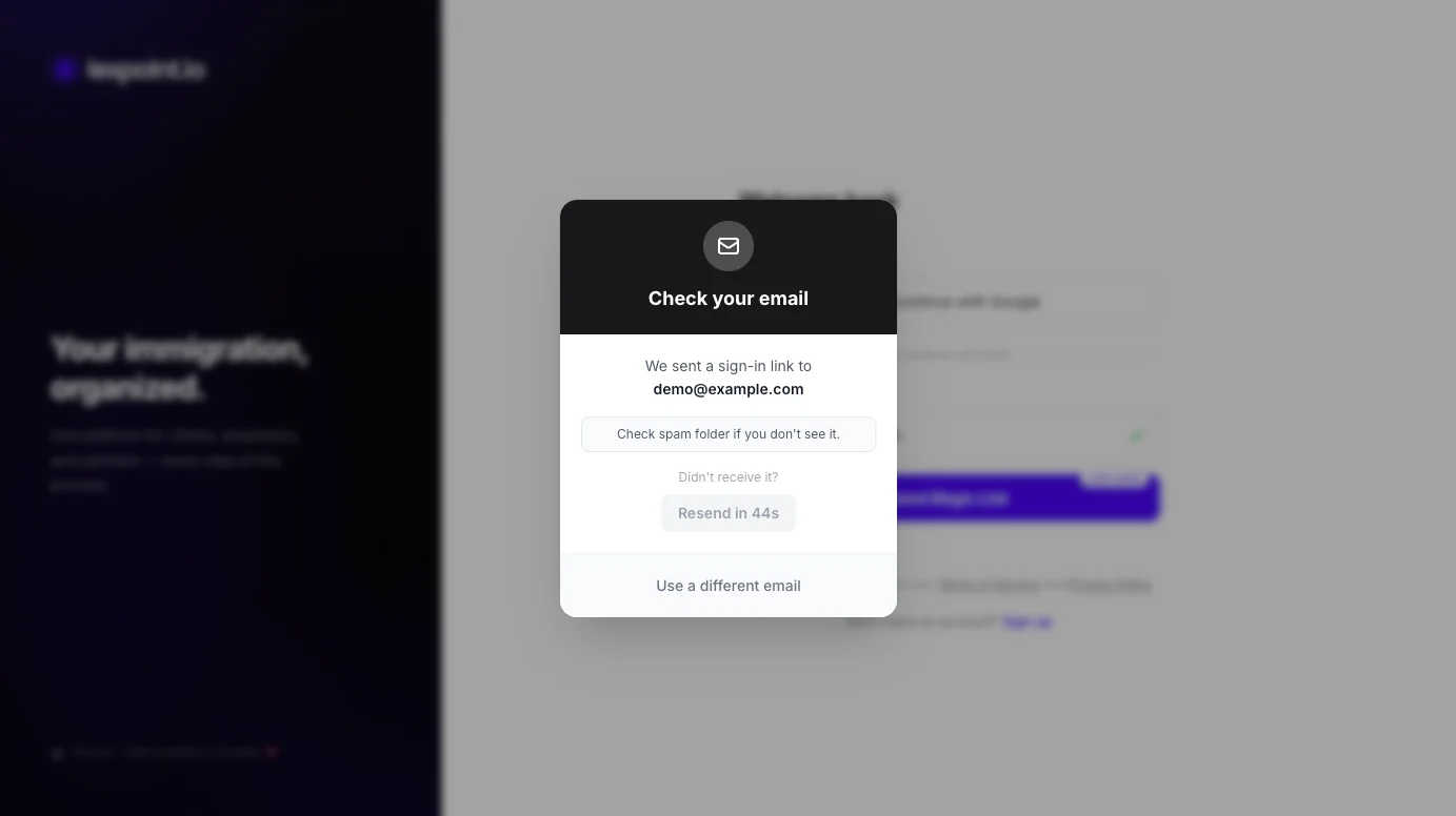 The confirmation dialog after a magic link is sent, with the resend countdown running.
