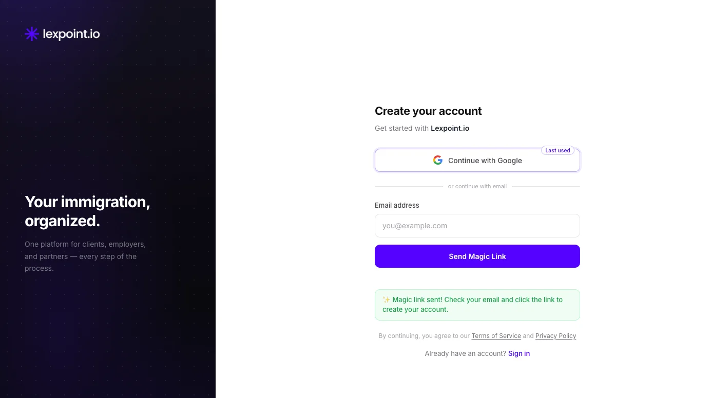 The confirmation under the button after a magic link is sent.