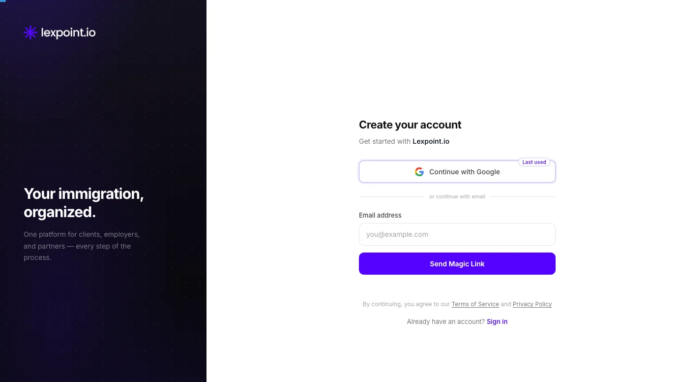 The sign-up screen, with the Google button above the email field.