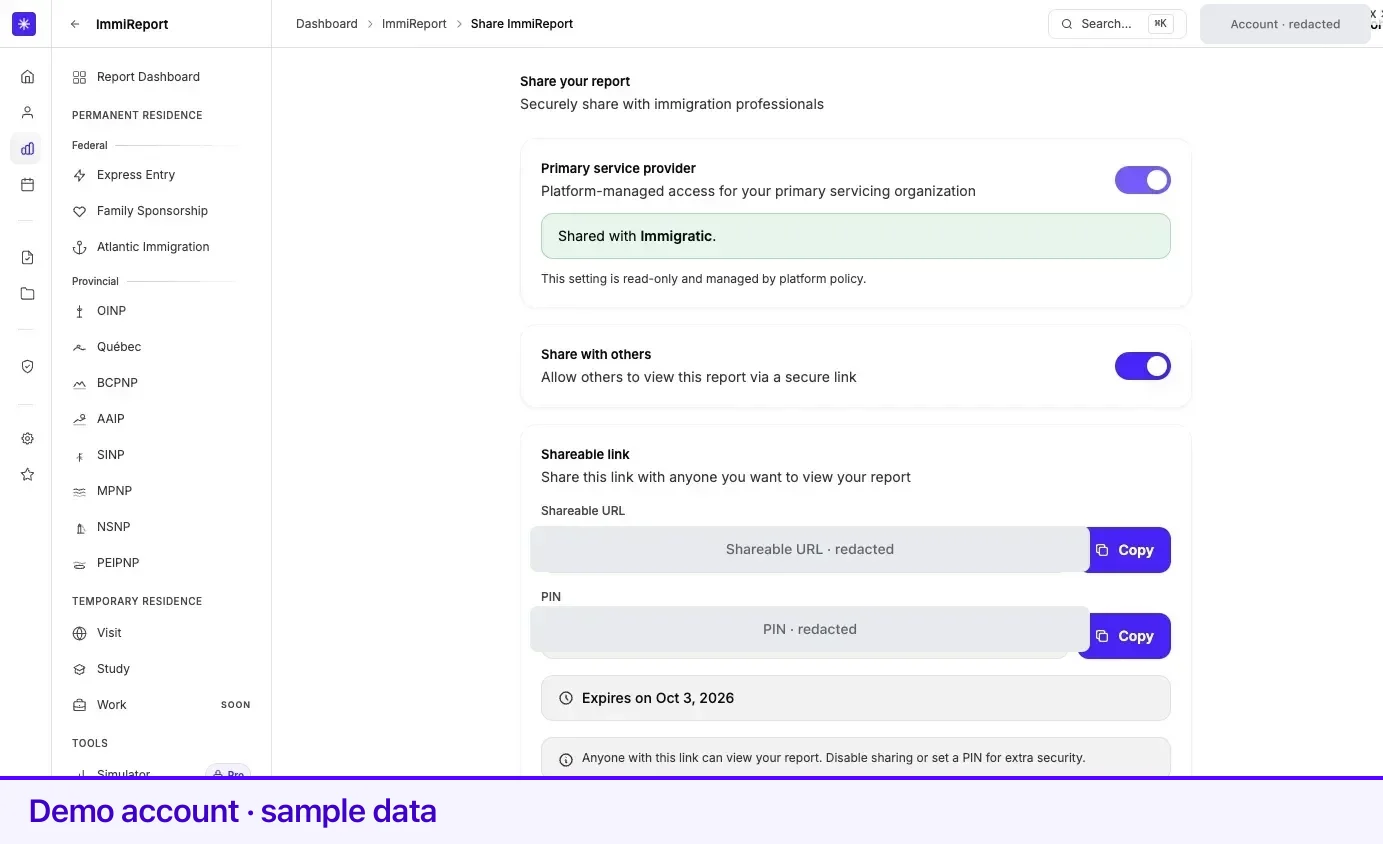 The share page with sharing on — link, PIN, and expiration.