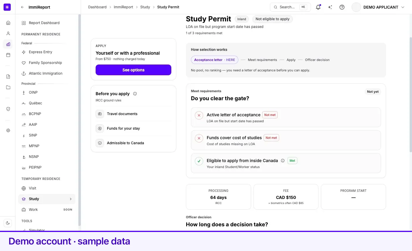 The study permit page — the acceptance-letter-first ladder above the requirements checklist.