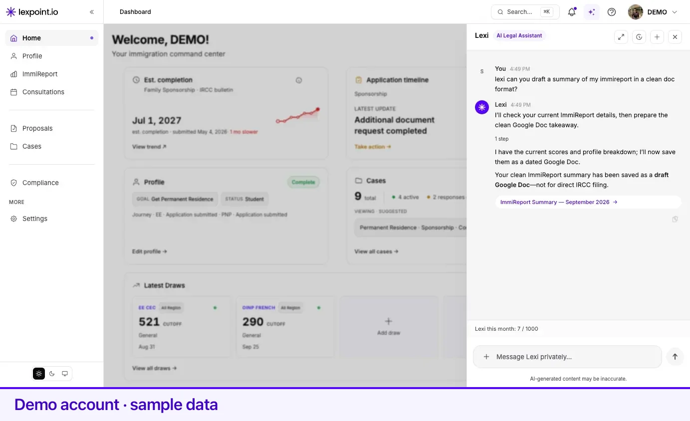 Lexi after saving an ImmiReport summary as a draft Google Doc, with the title chip under the reply.