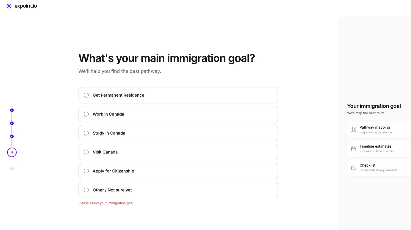 The goal step, with every radio option listed.