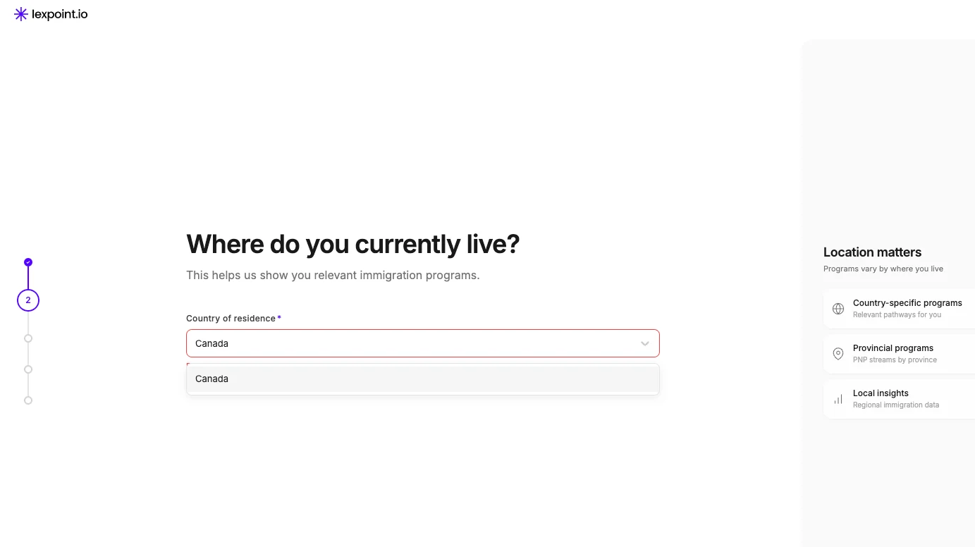 The location step, with the country list open on Canada.