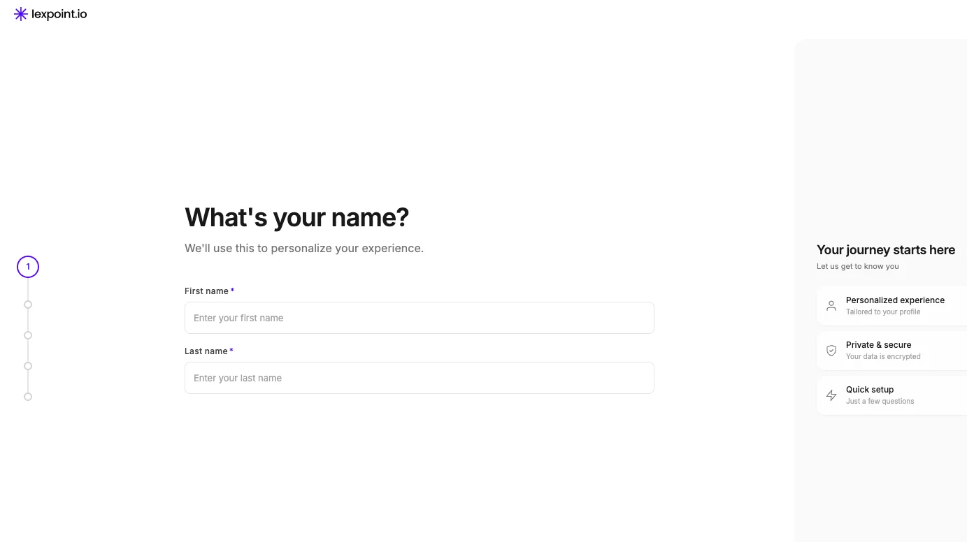 The name step — first and last name, both required.
