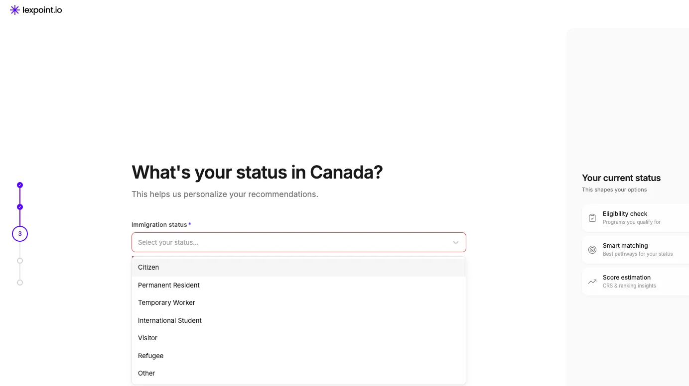 The status step, with the seven immigration-status options open.