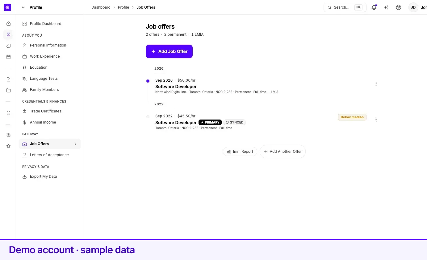 The job offers list with the summary tiles above it and one offer marked primary.