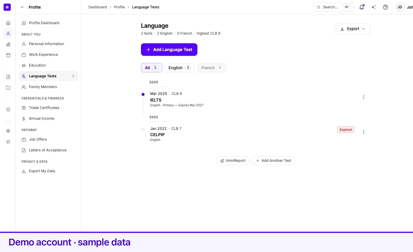 The language tests list with two English tests, IELTS marked Primary at CLB 9, and an expired CELPIP.