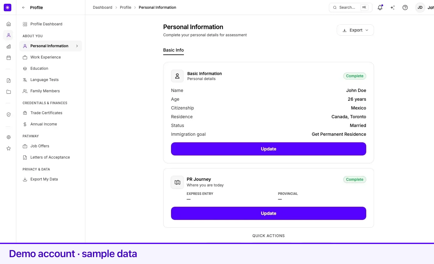 The personal information summary card showing name, age, citizenship, residence, status, and immigration goal.