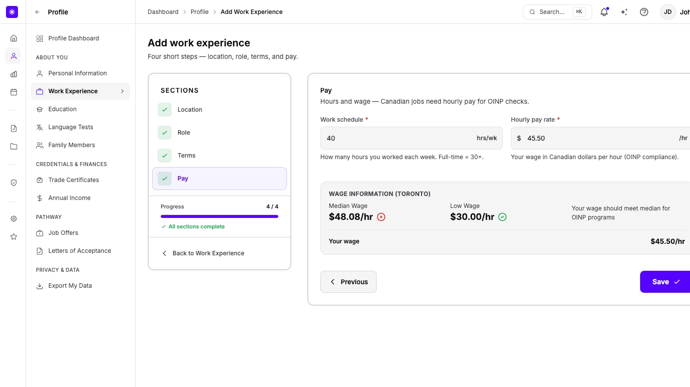 The Pay section for a Canadian job, showing the wage benchmark beside the entered hourly rate.