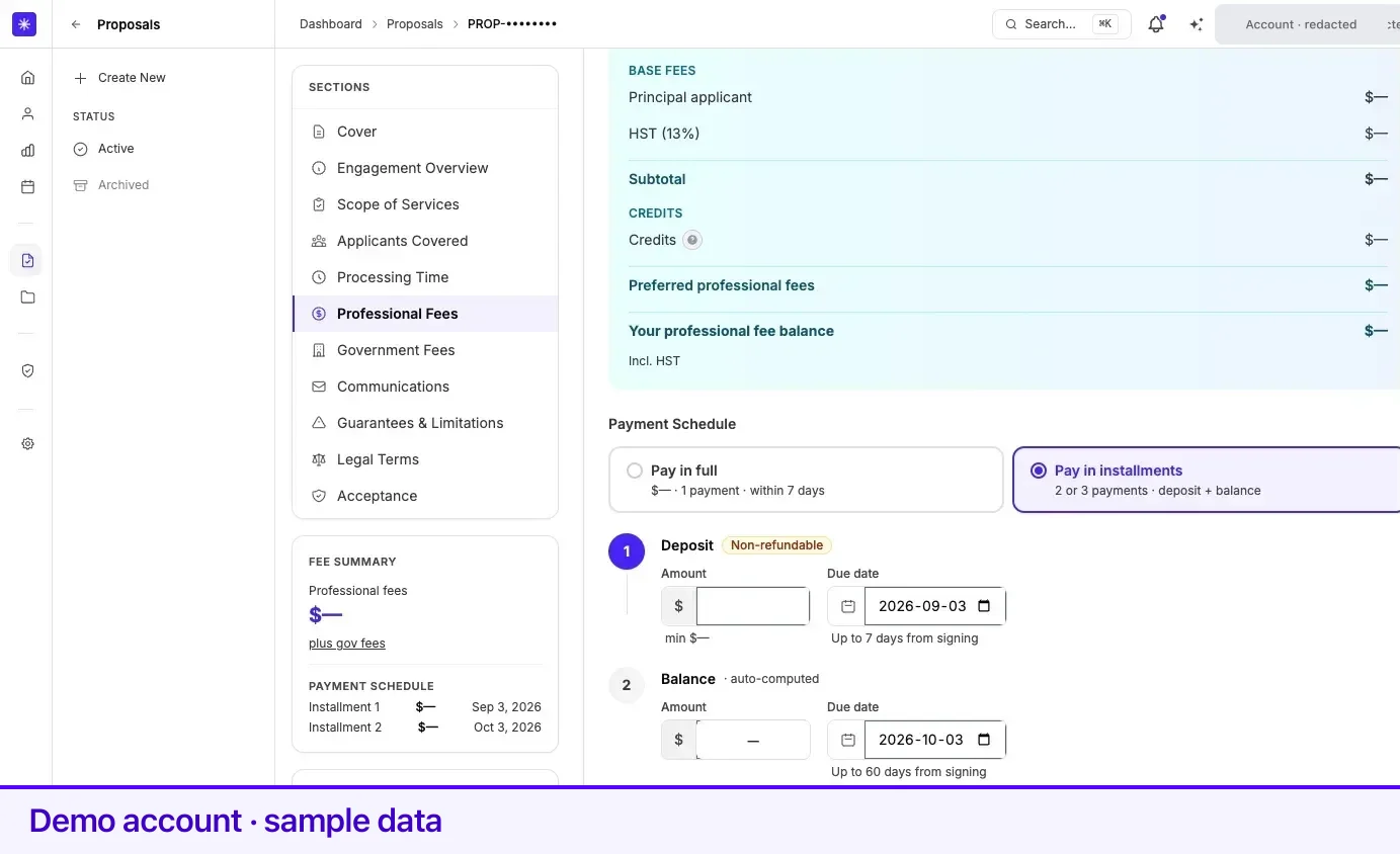 The payment schedule editor on a draft proposal, in instalments mode with a deposit and a balance.