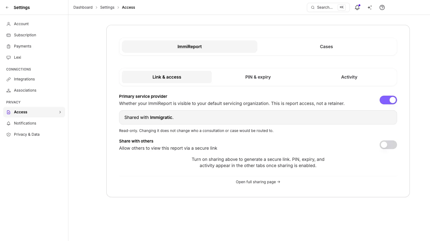 Settings → Access → ImmiReport. Sharing lives here; family, partners, and employer live under Associations.