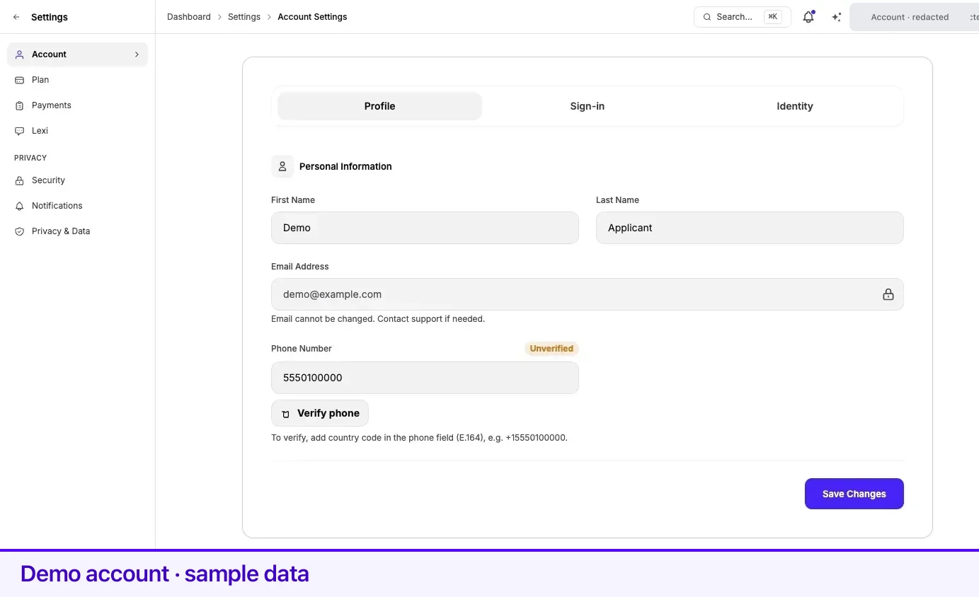 The Profile Info tab, with the locked email field and the phone number field.