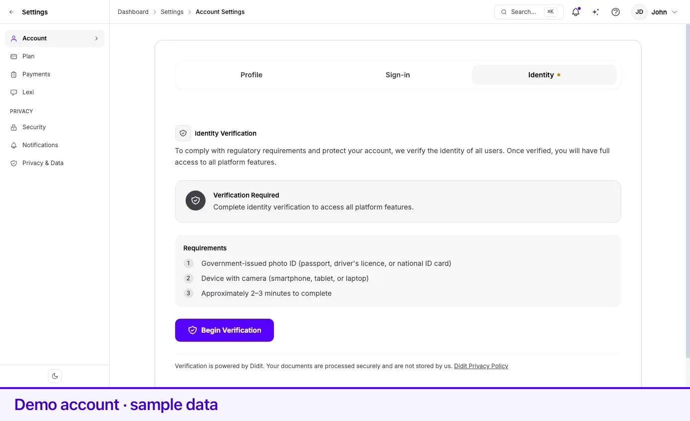 The Identity Verification tab before verification, showing the requirements and the Begin Verification button.