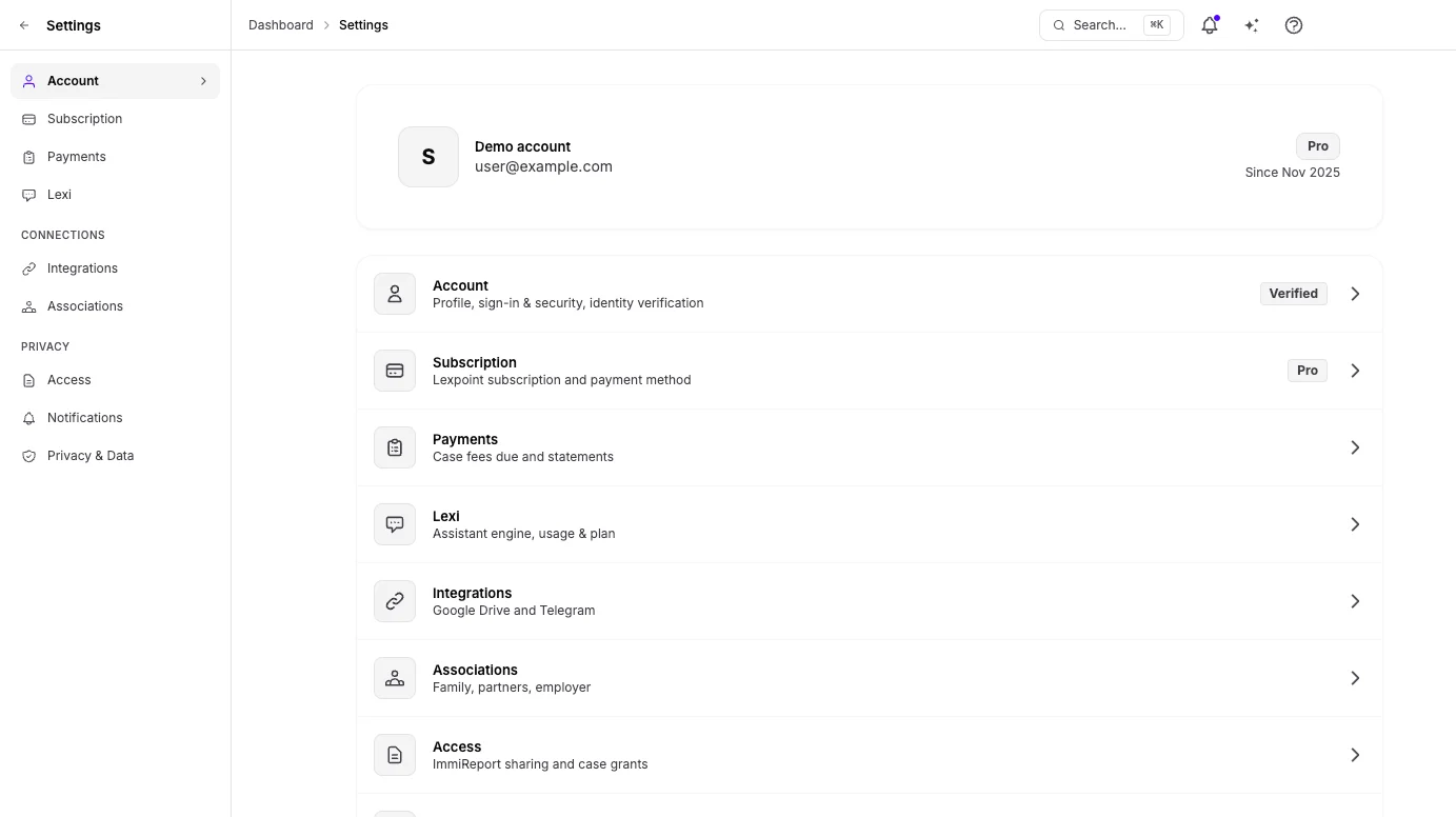 The settings index, listing each area with its status badges.