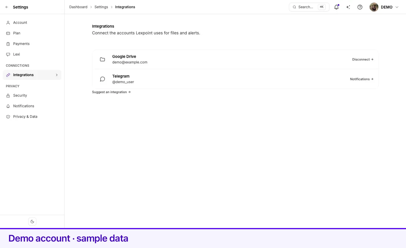 Settings → Integrations, with Google Drive connected and Telegram listed below it.