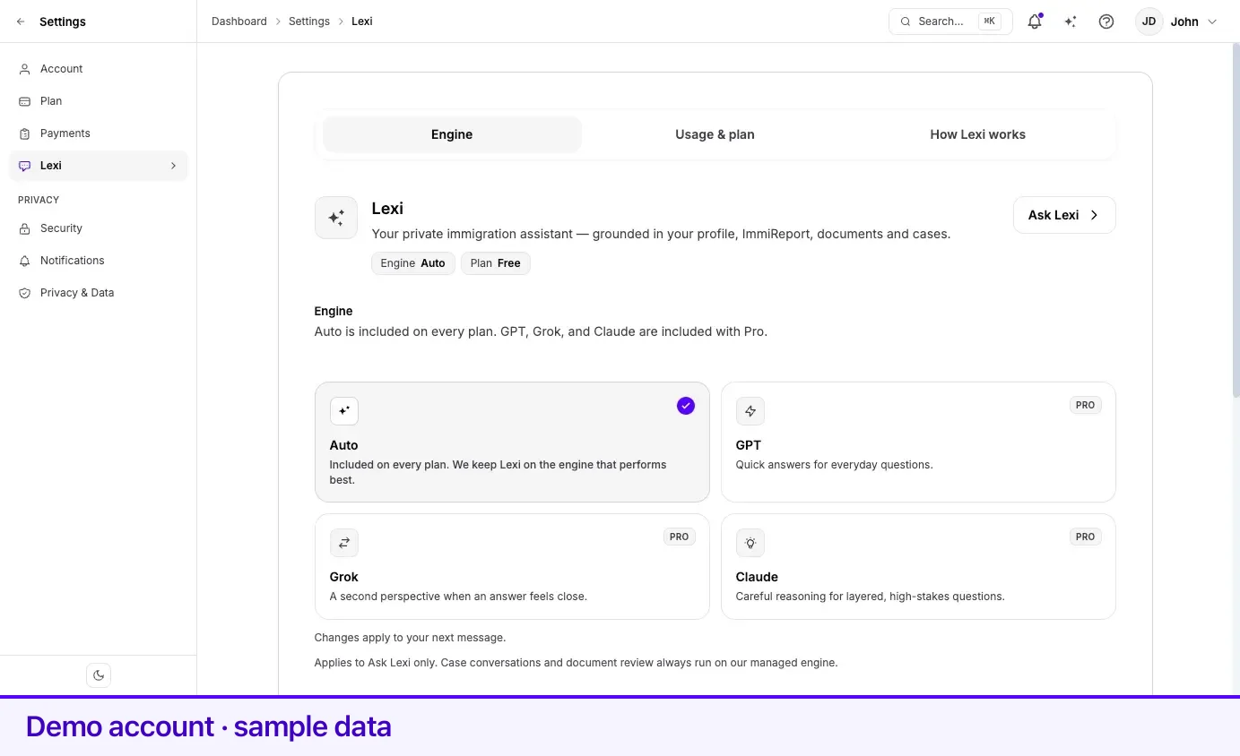 The Lexi settings page, with the engine picker above the monthly usage meter.