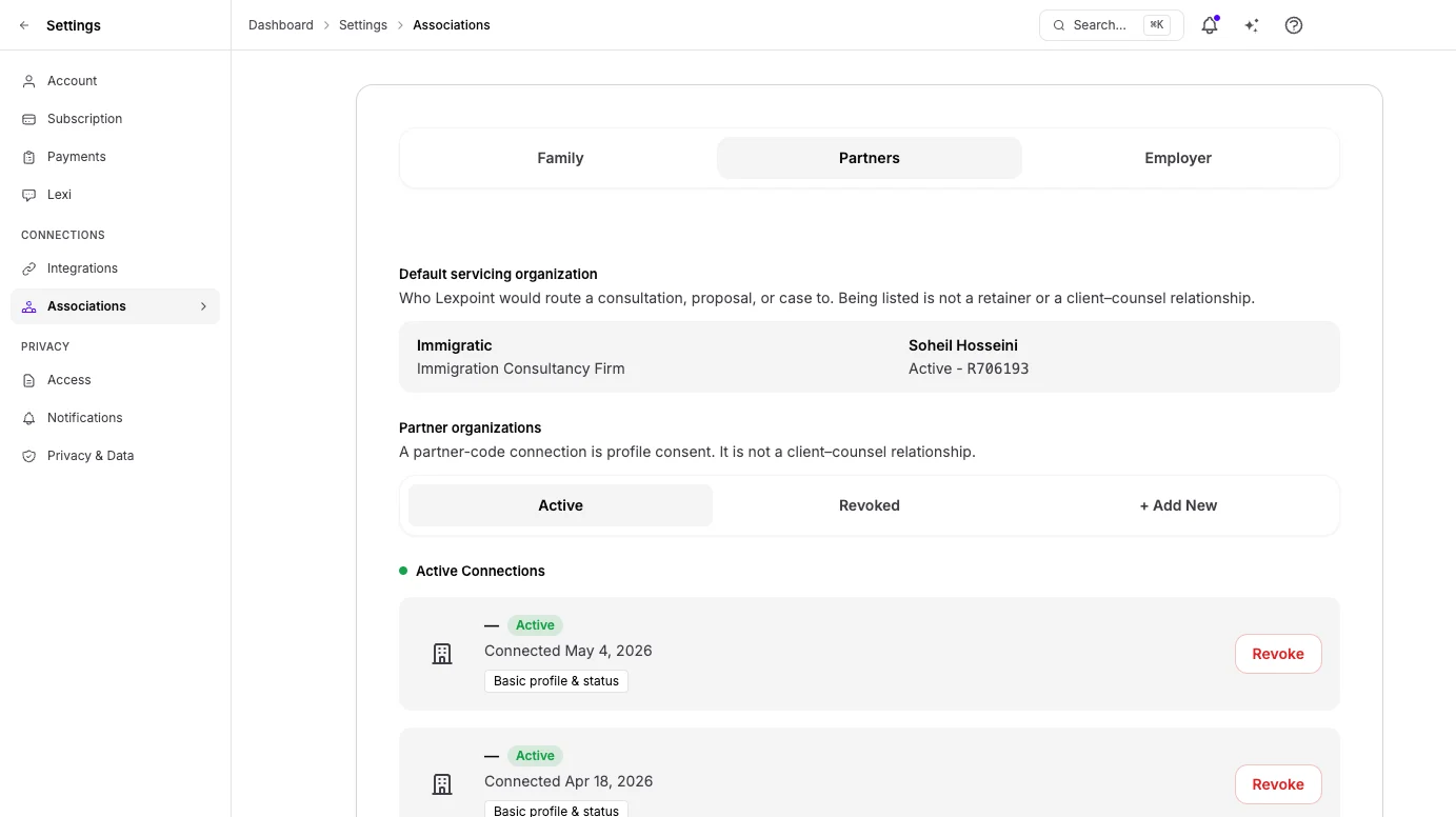 Associations → Partners — default servicing organization (routing) above partner-code connections (consent).