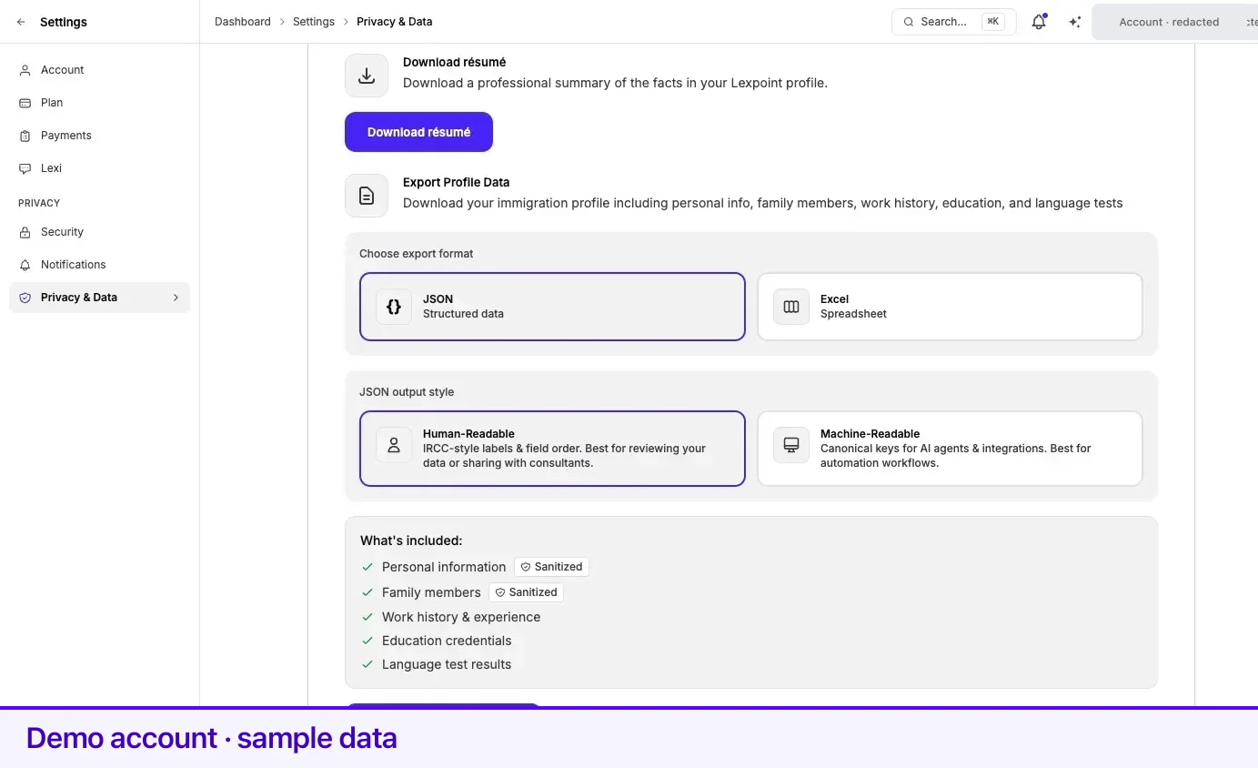 The export panel, with format selection, JSON output style, and the list of what is included.