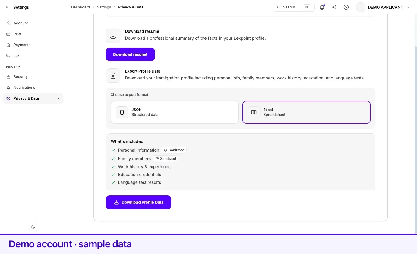The Export tab on Privacy & Data, with Download résumé above the profile dump.
