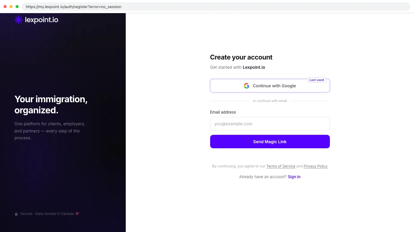 Where a stale magic link lands you — the sign-up screen, with the error code still in the address bar.