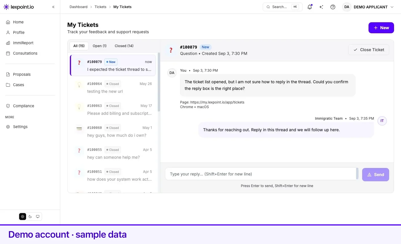 A ticket thread, with the status badge in the header and the reply box at the bottom.